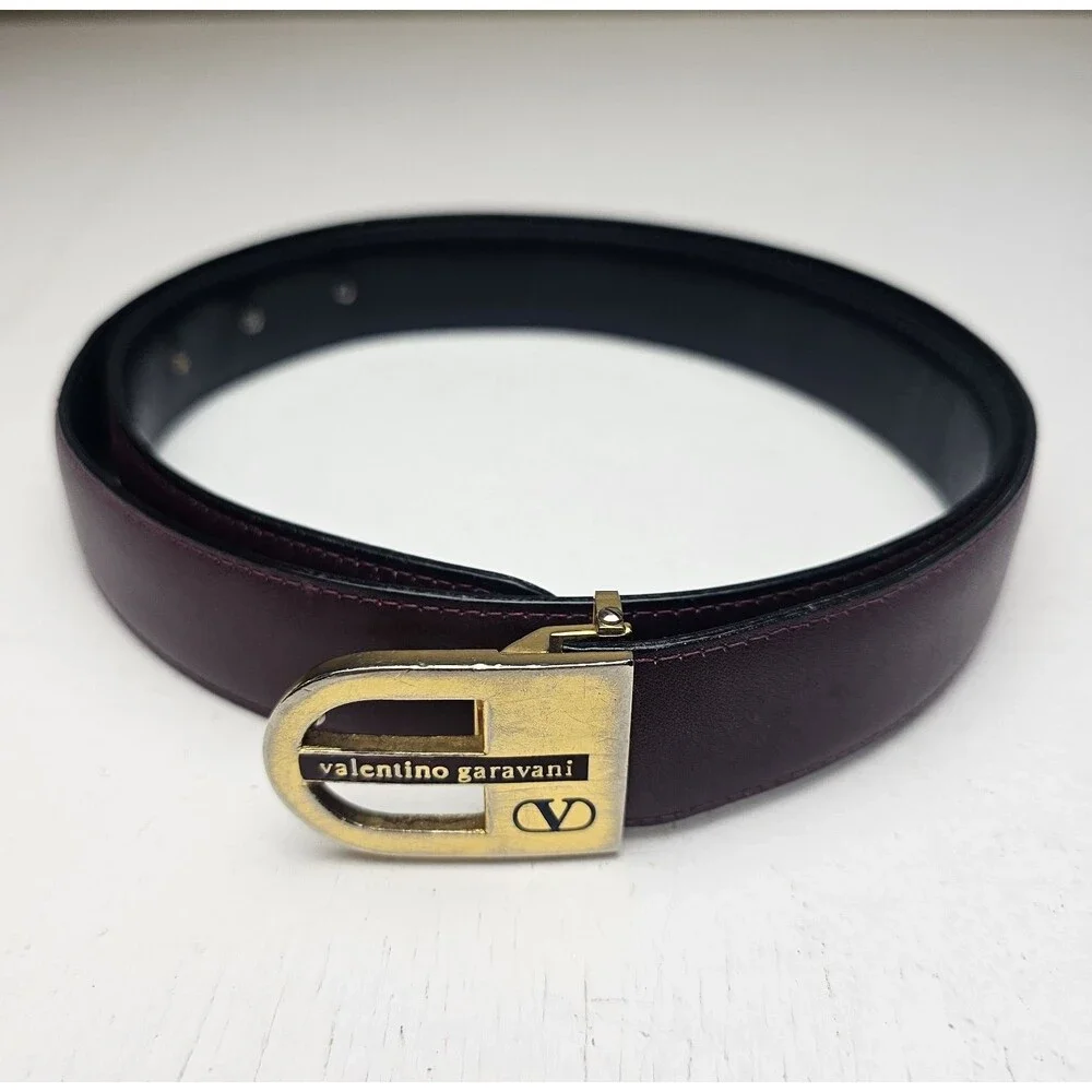 Vintage Valentino Garavani Burgundy/Black reversible Solid Belt Gold-Tone Buckle